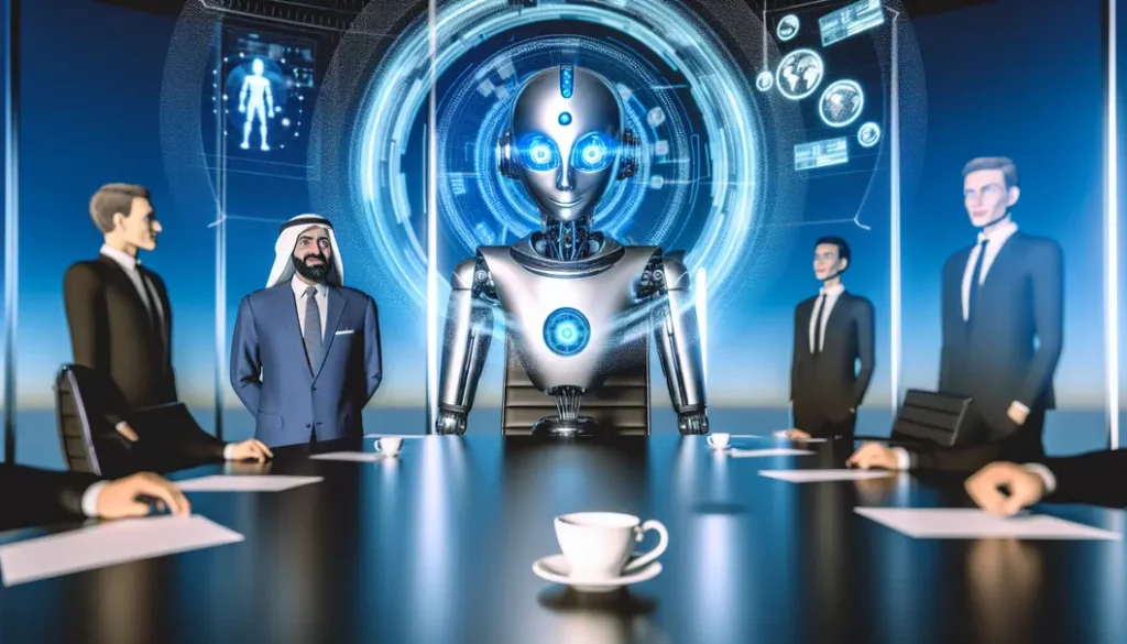 A futuristic robot leading a boardroom meeting with holographic data charts and a coffee cup.