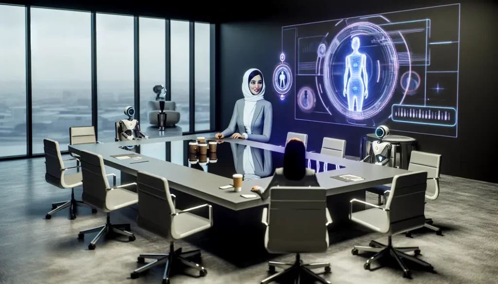 A CEO in a futuristic boardroom surrounded by AI assistants and robots.