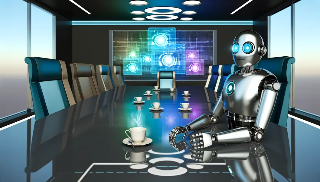 A robot in a boardroom, sipping coffee and analyzing data.