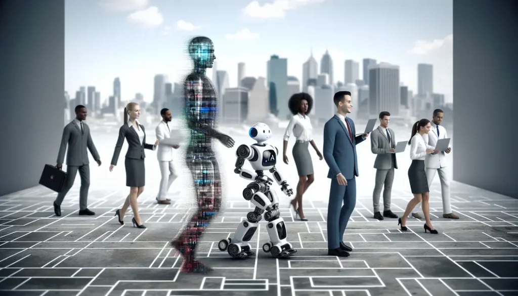 A futuristic business environment with AI systems and robots collaborating with humans.