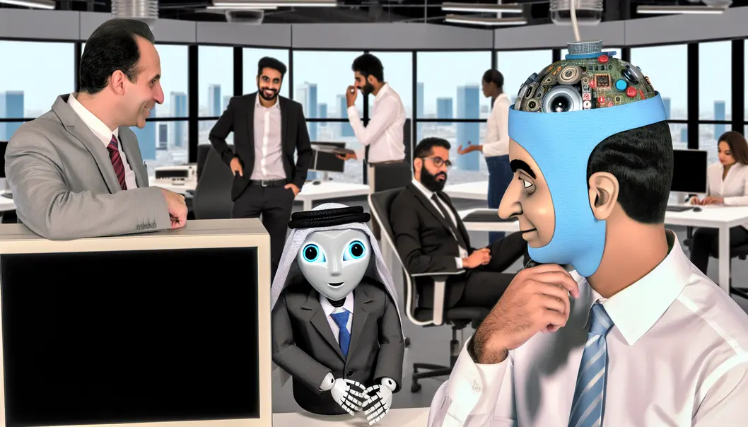 A robot in a boardroom, sipping coffee and analyzing data.