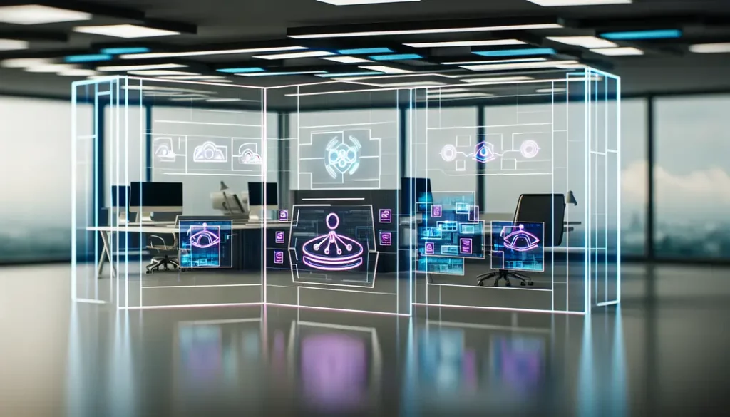 Workspace with holographic screens showing an n8n-driven AI automation system.