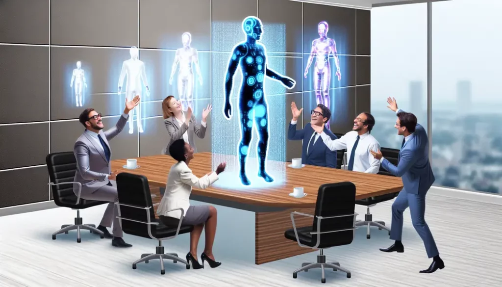 AI holograms playfully engaging with executives in a boardroom.