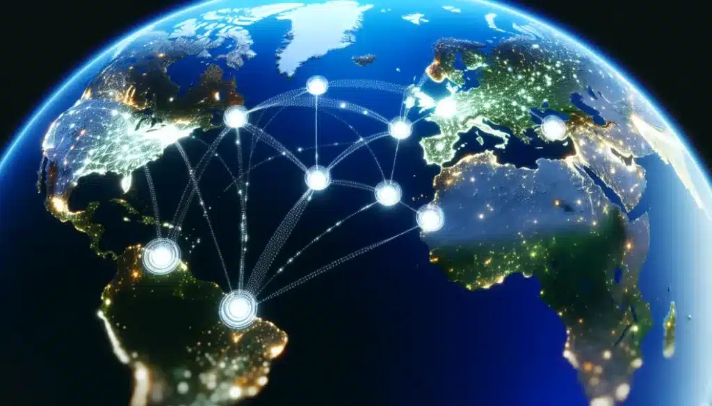 A digital map connecting continents with AI nodes, illustrating worldwide AI advancements.