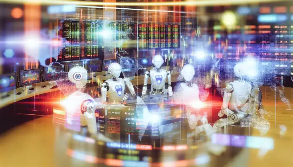 AI robots and traders in a trading floor with holographic displays.