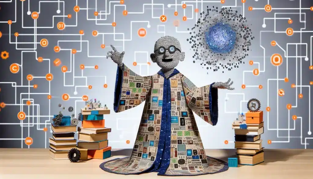 A robot wizard on a hill with swirling binary code, symbolizing Grok 3's advanced AI.