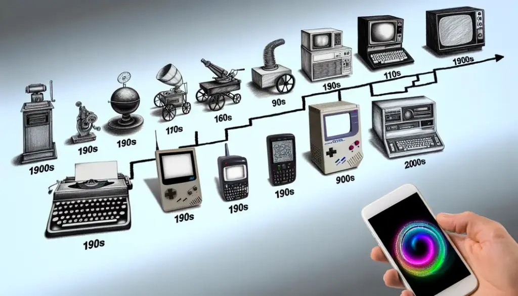 An artistic timeline depicting AI milestones spread over different decades with various inventions.