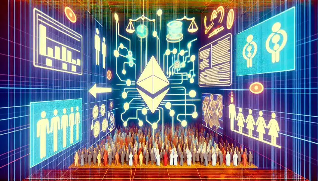 A futuristic cityscape illustrating Ethereum’s technological leaps in 2025.