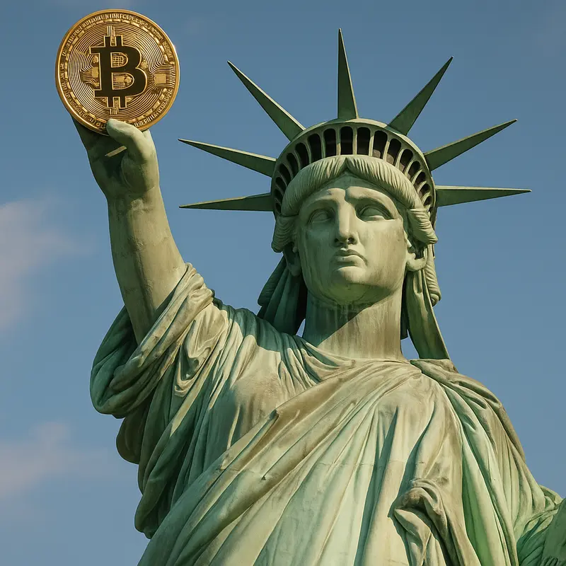 Statue of Liberty holding a Bitcoin, representing the regulatory and crypto crossroads in the Trump era.