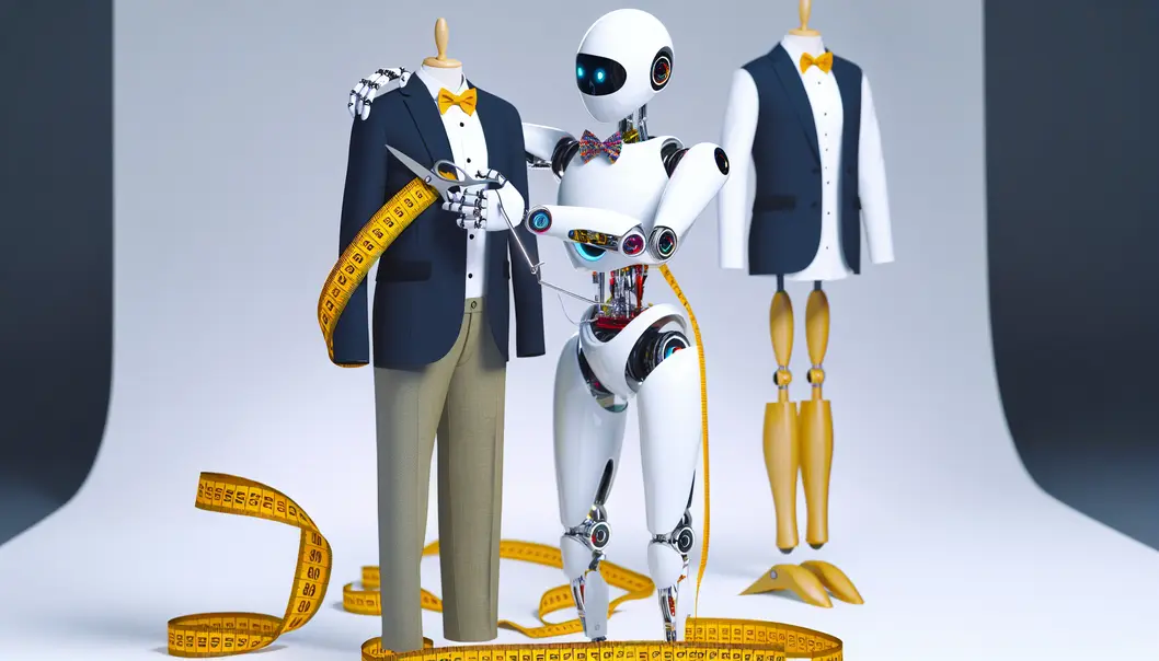 An AI robot being fitted with a custom digital suit in a tailor shop.