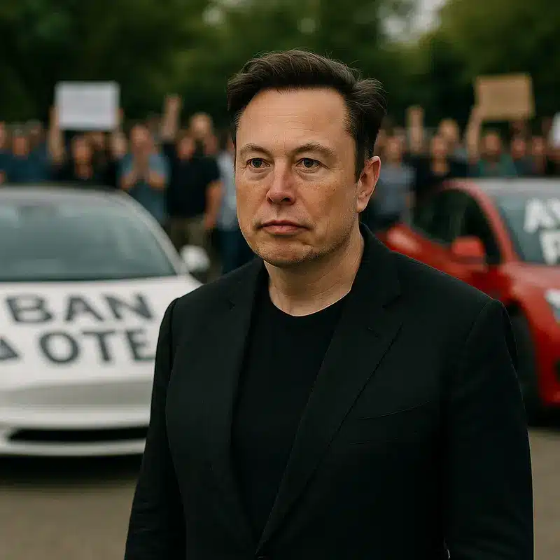 Elon Musk in the spotlight as Tesla faces public backlash during a politically charged era.