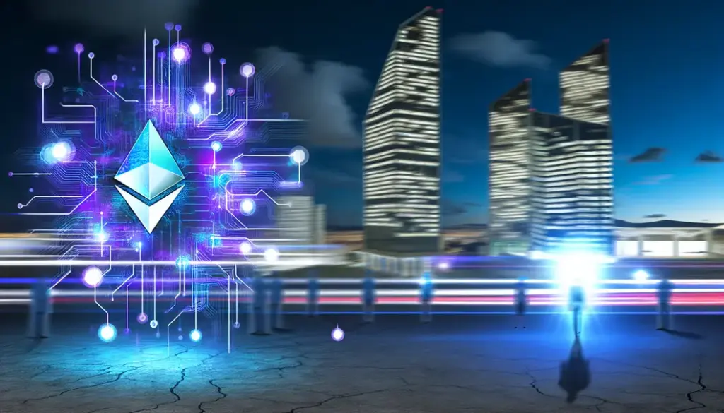 Visual montage showing Ethereum's technological and business evolution in 2025.