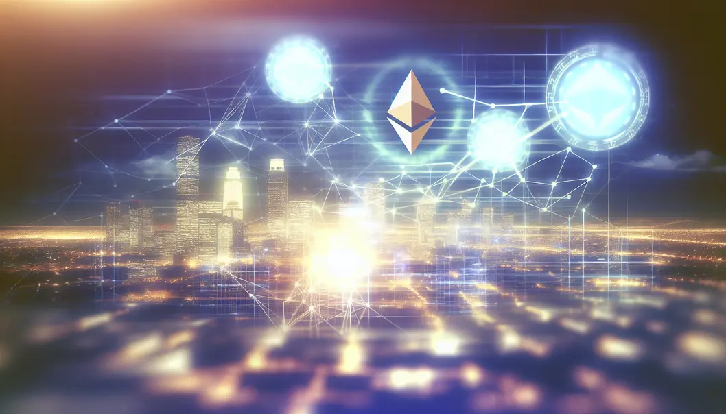 Ethereum’s tech evolution projected in a digital cityscape.