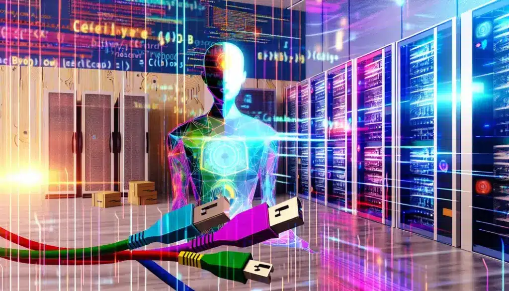A futuristic city with robots interacting, showcasing IBM's ACP innovation and harmony.