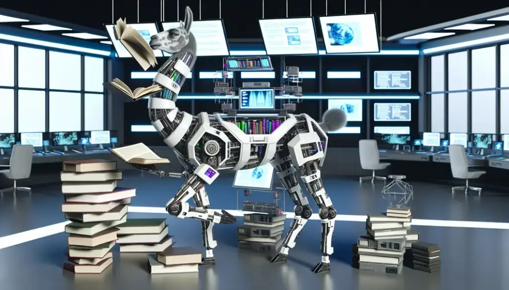 Robotic llama in a futuristic lab setting interacting with books and screens, symbolizing advanced AI capabilities.