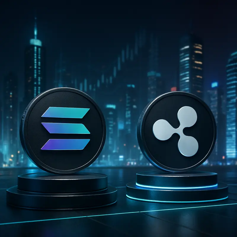 Artistic representation of Solana and Ripple in a futuristic finance setting.