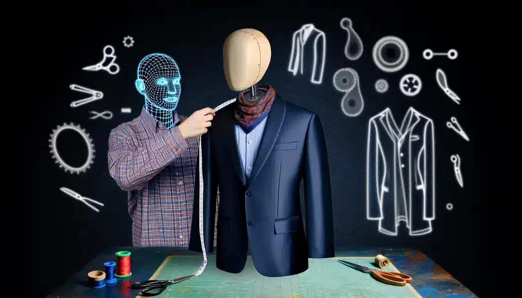 An AI robot being fitted with a custom digital suit in a tailor shop.