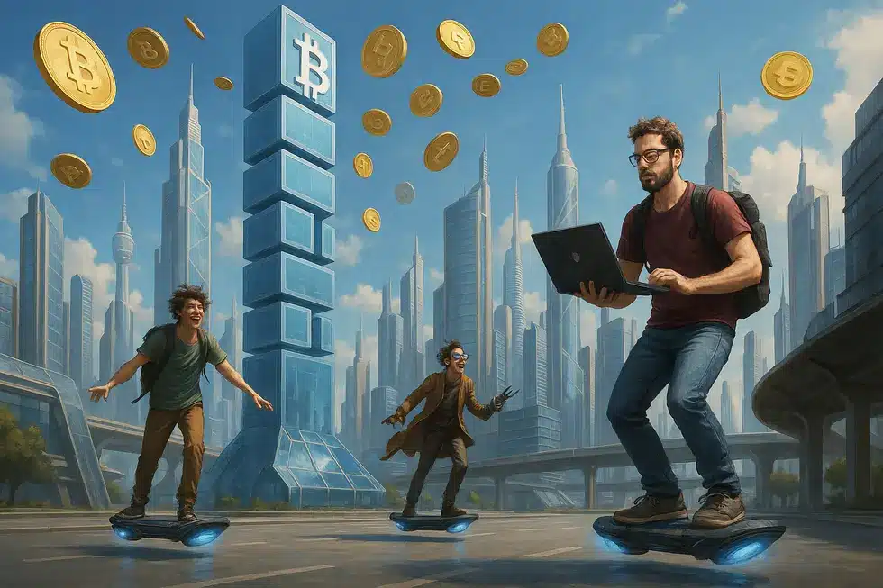 Futuristic city with blockchain towers, flying digital currencies, and hoverboarding developers.